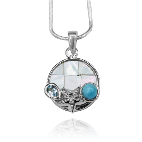 Starfish Pendant Necklace with Larimar, Blue Topaz and Mother of Pearl Mosaic