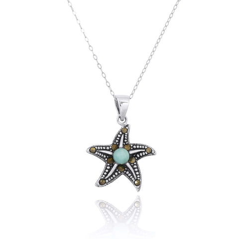 Starfish Pendant Necklace with Marcasite and Round Larimar