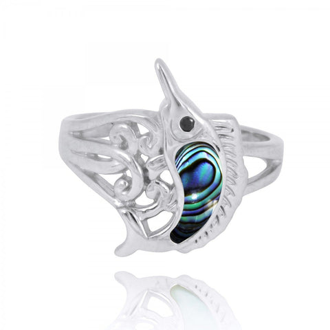 Swordfish Ring with Abalone shell and Black Spinel