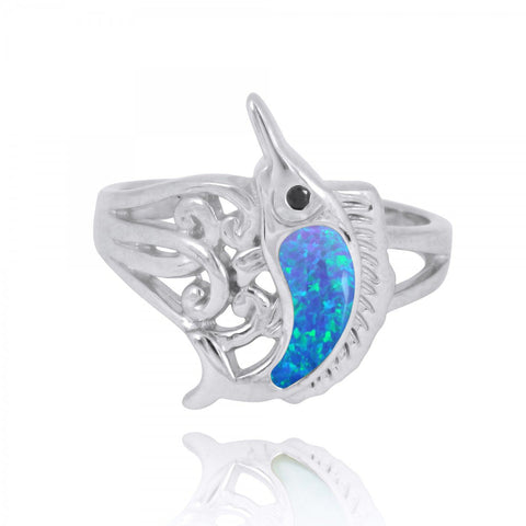 Swordfish Ring with Blue Opal and Black Spinel