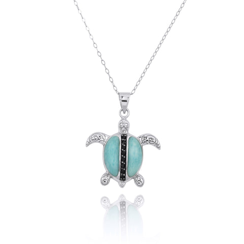 Turtle Pendant Necklace with Larimar and Black Spinel