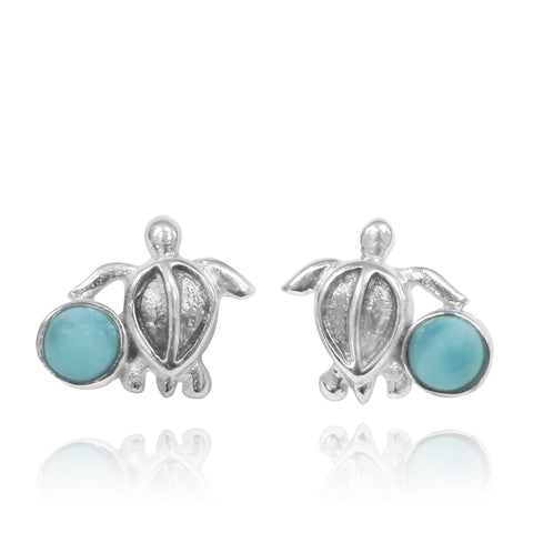 Turtle Stud Earrings with Round Larimar