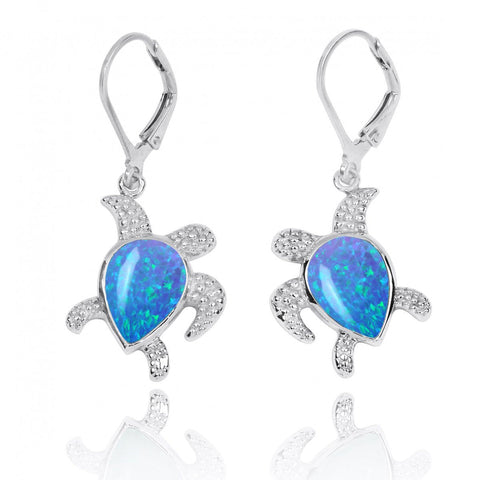 Turtle with Teardrop Blue Opal Lobster Clasp Earrings