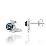 Whale Tail Stud Earrings with Round Abalone shell and White Topaz