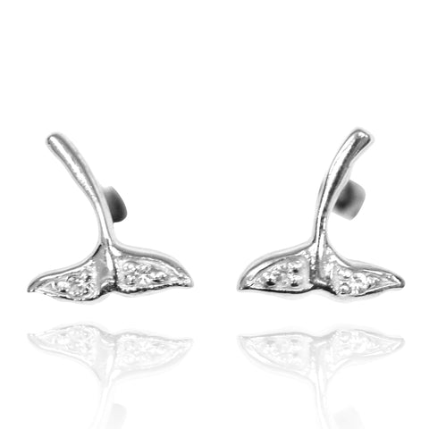 Whale Tail Stud Earrings with White Topaz