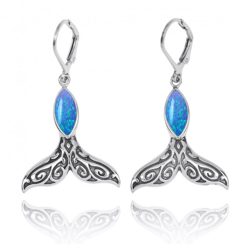 Whale Tale with Blue Opal Lever Back Earrings