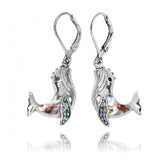 Whale with Abalone shell, London Blue Topaz and Black Spinel Lever Back Earrings