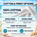 Cotton doona cover details: 100% cotton, single- or double-sided printing, made to order and free delivery.