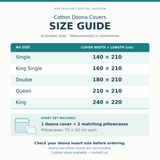 Australian cotton doona cover size guide: Single, King Single, Double, Queen and King; pillowcases 75 × 50 cm.