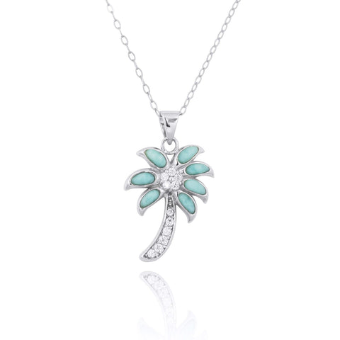 and Larimar Palm Tree CZ Pendant Necklace