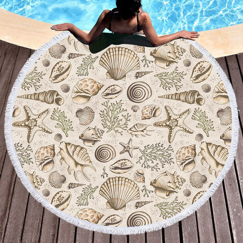 Brown Seashells Round Beach Towel