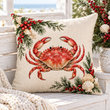 Crab coastal Christmas cushion cover on a whitewashed bench with festive greenery