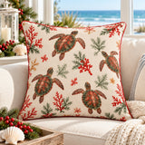 Sea Turtle coastal Christmas cushion cover on a cream sofa beside an ocean-view window
