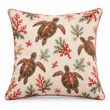 Sea Turtle coastal Christmas cushion cover with festive red and green details on cream, shown on a white background