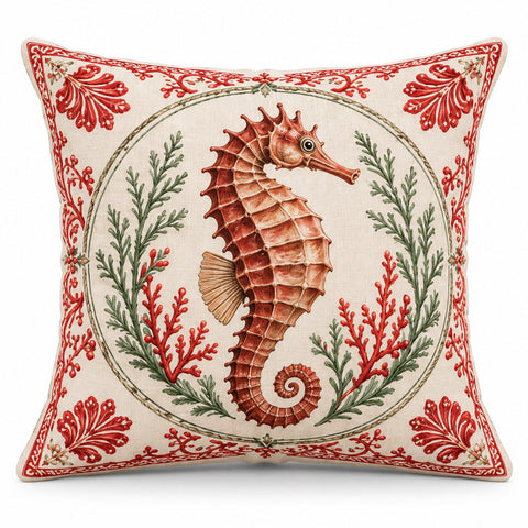 Seahorse coastal Christmas cushion cover with festive red and green details on cream, shown on a white background