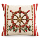 Ship’s Helm coastal Christmas cushion cover with festive red and green details on cream, shown on a white background