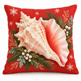 Coral-red Christmas conch shell cushion cover with evergreen and snowflakes on a white background
