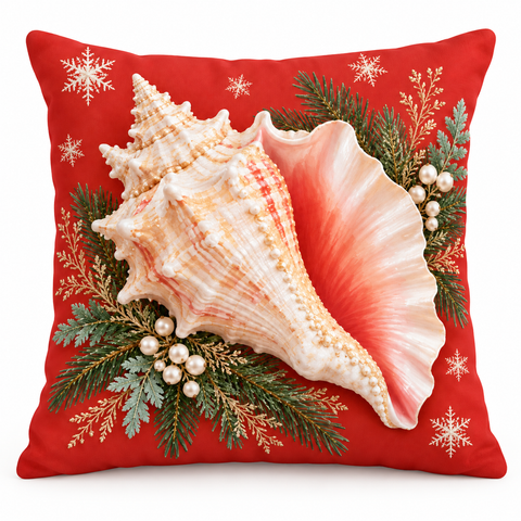 Coral-red Christmas conch shell cushion cover with evergreen and snowflakes on a white background