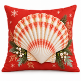 Coral-red Christmas scallop shell cushion cover with evergreen and snowflakes on a white background