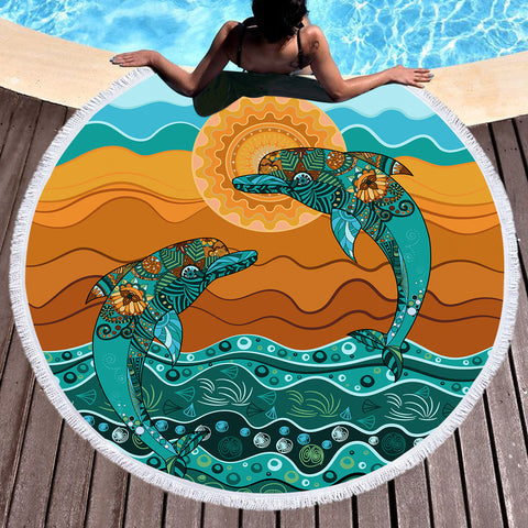 Double Dolphin Dreaming Round Beach Towel