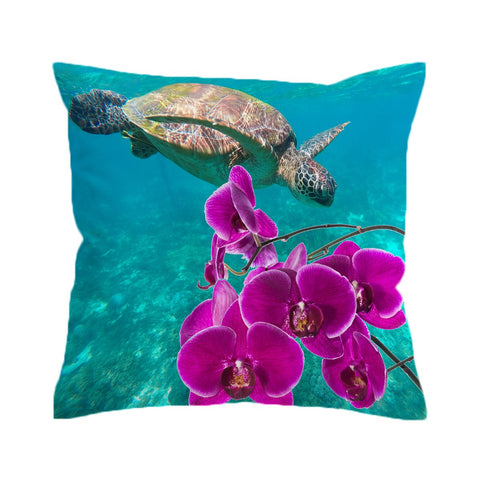 Sea Turtle and Orchids Cushion Cover