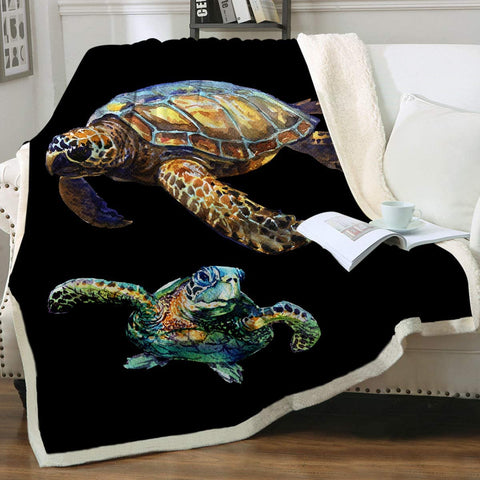 Sea Turtles in Black Soft Sherpa Blanket