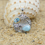 Palm Tree Pendant Necklace with Larimar, Swiss Blue Topaz and Mother of Pearl Mosaic