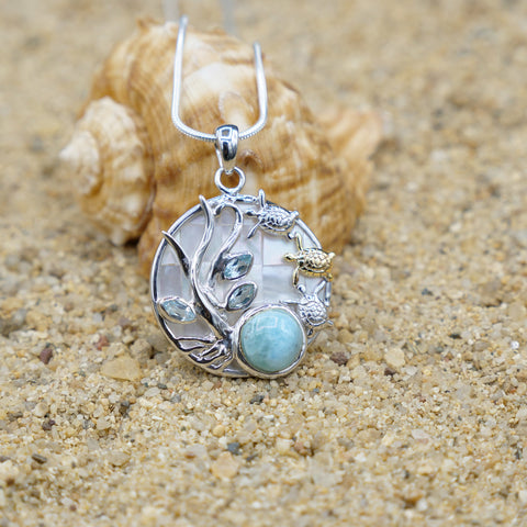 Sea Turtle Pendant Necklace with Larimar. Blue Topaz and Mother of Pearl Mosaic