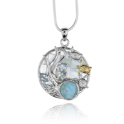 Sea Turtle Pendant Necklace with Larimar. Blue Topaz and Mother of Pearl Mosaic