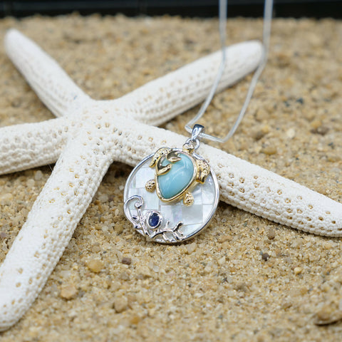 Sea Turtle Pendant necklace with Larimar, Blue Sapphire and Mother of Pearl Mosaic