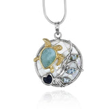 Sea Turtle Pendant Necklace with Larimar, Blue Sapphire and Mother of Pearl Mosaic