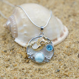 Mermaid Pendant Necklace with Larimar, Blue Topaz and Mother of Pearl Mosaic
