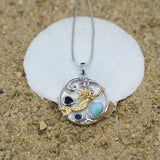 Mermaid Pendant Necklace with Larimar, Blue Sapphire and Mother of Pearl Mosaic