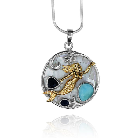 Mermaid Pendant Necklace with Larimar, Blue Sapphire and Mother of Pearl Mosaic
