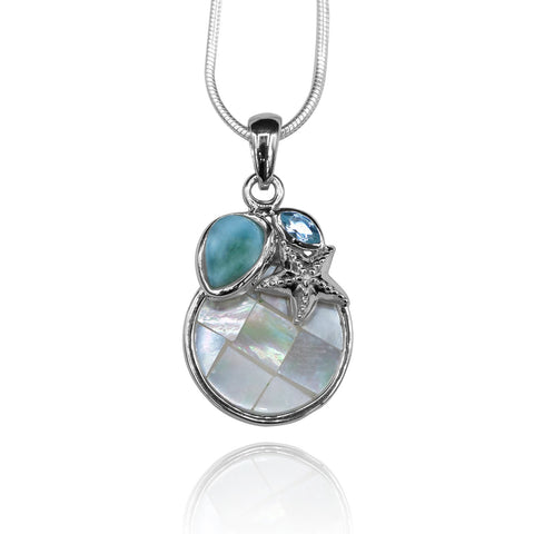 Starfish Pendant Necklace with Larimar, Swiss Blue Topaz and Mother of Pearl Mosaic