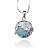 Sea Turtle Pendant Necklace with Larimar, Blue Topaz and Mother of Pearl Mosaic