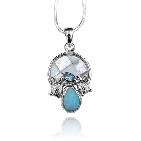 Sea Turtle Pendant Necklace with Blue Topaz, Mother of Pearl Mosaic and Larimar Stone
