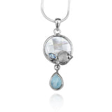 Fish Pendant Necklace with Larimar Stone, Blue Topaz and Mother of Pearl Mosaic