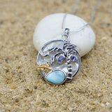 Sea Turtle and Palm Tree Pendant Necklace with Larimar, Tanzanite and Mother of Pearl
