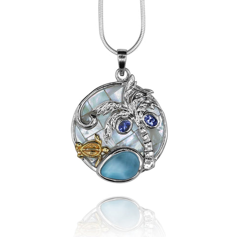 Sea Turtle and Palm Tree Pendant Necklace with Larimar, Tanzanite and Mother of Pearl
