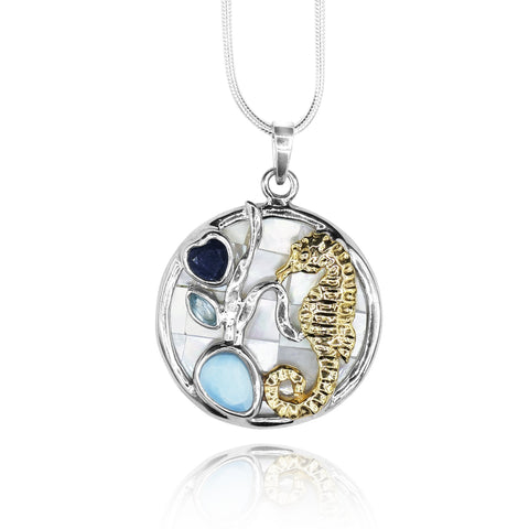 Seahorse Pendant Necklace with Larimar, Blue Topaz, Blue Sapphire and Mother of Pearl Mosaic