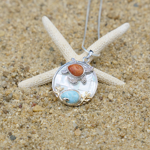 Sea Turtle Pendant Necklace with Larimar and Mother of Pearl Mosaic