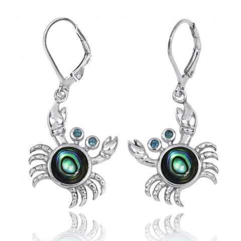 Crab with Abalone shell and London Blue Topaz Lever Back Earrings