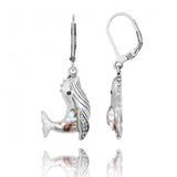 Whale with Abalone shell, London Blue Topaz and Black Spinel Lever Back Earrings