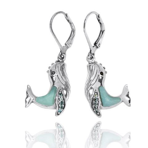 Whale Earrings with Larimar, London Blue Topaz and Black Spinel