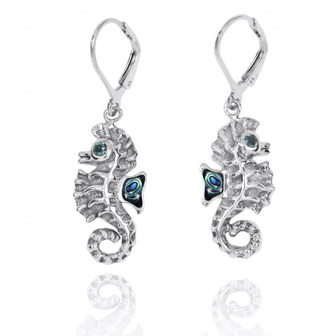 Seahorse Lobster Clasp Earrings with Abalone shell and London Blue Topaz