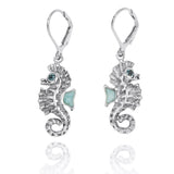 Seahorse Lobster Clasp Earrings with Larimar and London Blue Topaz
