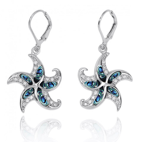 Starfish Lever Back Earrings with Abalone shell and White CZ