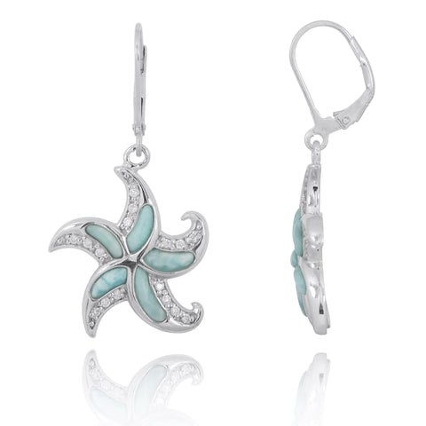 Starfish Lever Back Earrings with Larimar and White CZ