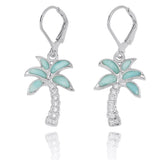 Palm Tree with Larimar and White CZ Lever Back Earrings